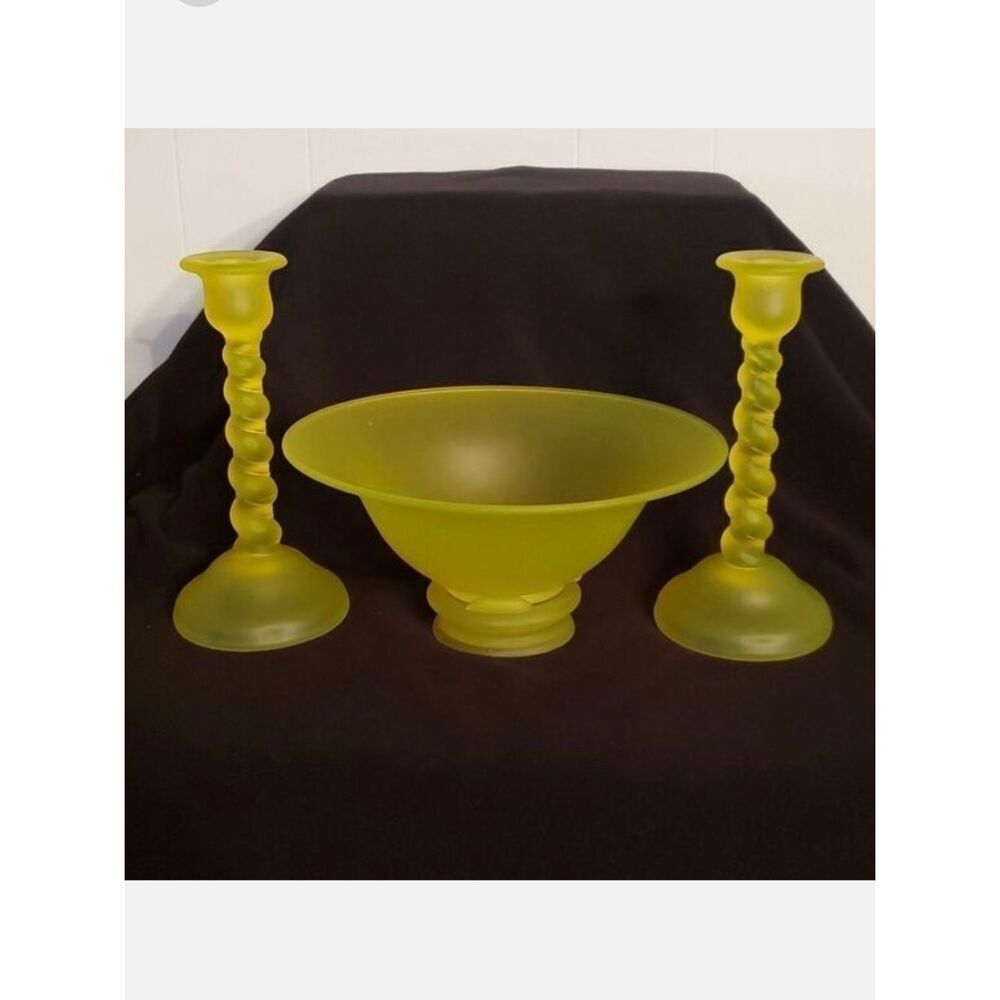 Antique Vtg Tiffin Vaseline "Uranium Glass" Bowl and Candlesticks, circa 1920s